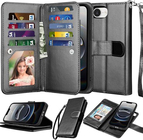 NJJEX Case Compatible for iPhone 16E 2025, for iPhone 16E Wallet Case, [9 Card Slots] PU Leather Card Holder Folio Flip [Detachable] Kickstand Magnetic Phone Cover & Lanyard [Black] in Saudi Arabia