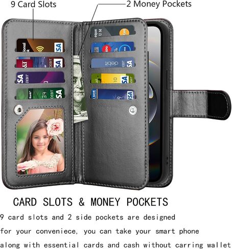 NJJEX Case Compatible for iPhone 16E 2025, for iPhone 16E Wallet Case, [9 Card Slots] PU Leather Card Holder Folio Flip [Detachable] Kickstand Magnetic Phone Cover & Lanyard [Black] in Saudi Arabia