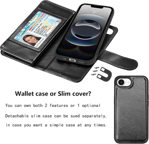 NJJEX Case Compatible for iPhone 16E 2025, for iPhone 16E Wallet Case, [9 Card Slots] PU Leather Card Holder Folio Flip [Detachable] Kickstand Magnetic Phone Cover & Lanyard [Black] in Saudi Arabia