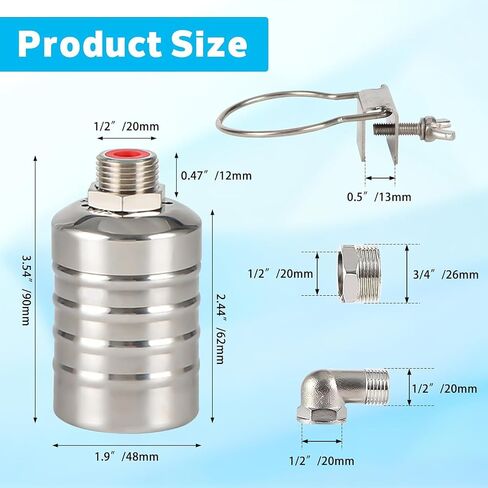 2PCS صمام تعويم، 1/2 "إلى 3/4" صمام تعويم المياه، 304 الفولاذ المقاوم للصدأ التلقائي بالكامل التحكم في مستوى المياه صمام تعويم، جهاز التحكم التلقائي في مستوى المياه لخزان المياه، حمام السباحة، أحواض الماشية، التقطير in Saudi Arabia