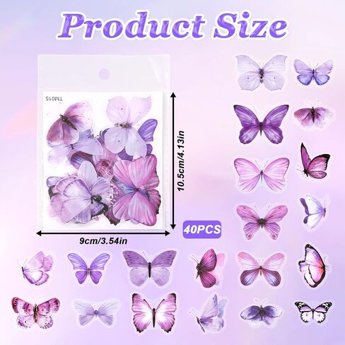 40Pcs Purple Butterfly Stickers, Transparent Butterfly Decals Waterproof Decorative Stickers for Scrapbooking Junk Journal Laptop Luggage Water Bottles Phone Case DIY Craft Projects (20 Styles) in Kuwait