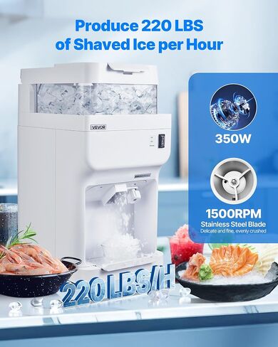 VEVOR Commercial Ice Shaver Crusher, 220lbs Per Hour Electric Snow Cone Maker with 8L Ice Cube Box, 350W 1500RPM Tabletop Shaved Ice Machine for Parties Events Bar, Home and Commercial Use (White) in Kuwait
