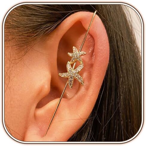 Fanquility Vintage Ear Wrap Crawler Hook Earrings Crystal Long Piercing Star-Shape Lightning Bolt Exaggerate Wrap Climber Earrings Gold Silver Cz Ear Cuff Earrings for Women and Girls in Saudi Arabia