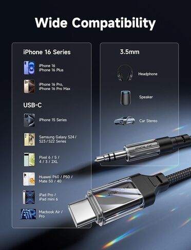JSAUX Aux إلى USB C، سلك Aux لهاتف iPhone 15 Pro Max، USB C إلى 3.5 مم كابل مقبس صوت Aux من النوع C إلى Aux سلك ستيريو للسيارة متوافق مع Samsung Galaxy S24 S23 Ultra، iPad Pro، Pixel 8-3.3FT in Saudi Arabia