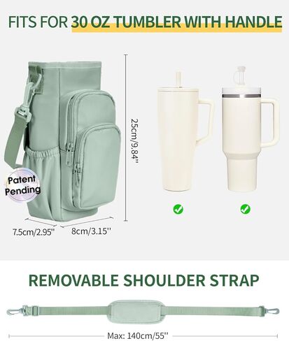 Water Bottle Carrier Bag with Strap for Stanley 40 Oz Insulated Water Bottle Carrier Sling Bag with Phone Pocket Water Bottle Sleeve with Straw Cover for Stanley Cup Accessories Green Patent Pending in Kuwait