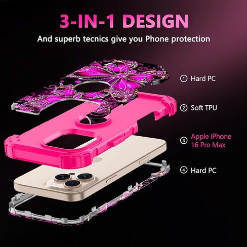 Casetego for iPhone 16 Pro Max Case,Glow in The Dark Three Layer Heavy Duty Sturdy Shockproof Full Protection Rugged Hard PC+Soft TPU Bumper Case for Apple iPhone 16 Pro Max 6.9 inch,Hot Pink in Saudi Arabia