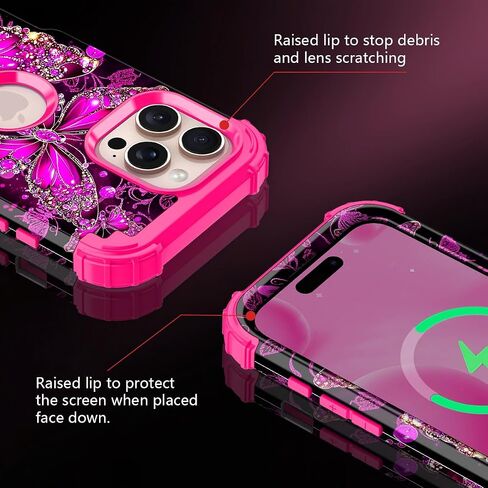 Casetego for iPhone 16 Pro Max Case,Glow in The Dark Three Layer Heavy Duty Sturdy Shockproof Full Protection Rugged Hard PC+Soft TPU Bumper Case for Apple iPhone 16 Pro Max 6.9 inch,Hot Pink in Saudi Arabia