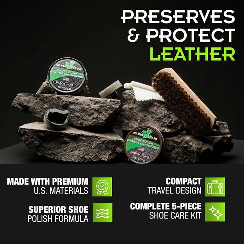 GRIFFIN Travel Shoe Shine Kit - Includes Black Shoe Polish, Brown Shoe Polish, Sponge Applicators, Shoe Shine Cloth, and Shoe Shine Brush - Made in the USA in Saudi Arabia