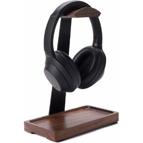 Walnut Headphone Stand for Desk, Wood Headset Stand, Gaming Headphone Holder with Storage Base Compatible with Airpod max, Bose, Razer, Sennheiser, Jabra, AKG, Vintage Gift for Men (Black)