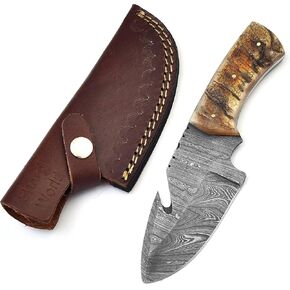 Beautiful Damascus Gut Hook Knife Made of Remarkable Damascus Steel Ram Handle/w Brown Leather Sheath TJ111