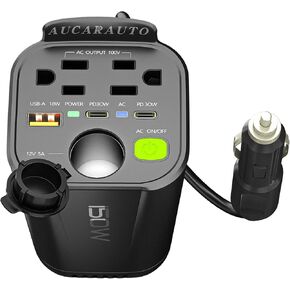150W HENVERTER 6 في 1 DC 12V إلى 110 فولت AC العاكس مع 60 واط مزدوج USB-C وشاحن USB-Fast و 2 منافذ AC ، منفذ محول السيارة لجهاز الكمبيوتر المحمول/الهاتف/GPS | تصميم حامل الكأس للسفر