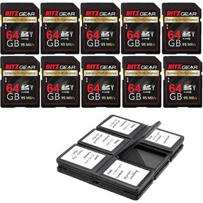 Ritz Gear Extreme Performance 64GB U3 Class-10 V30 SDHC Memory Card 10 Pack with Vivitar Memory Card Case