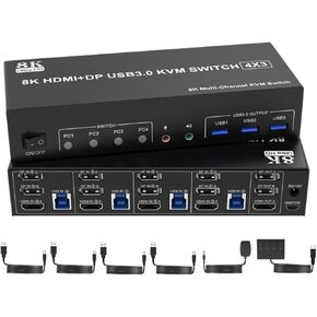 4K@144Hz KVM Switch 3 Monitors 4 Computers 8K@60Hz 2 DisplayPort +1 HDMI KVM Switch Triple Monitor for 4 Computer with Audio and(UK Power Adapter)