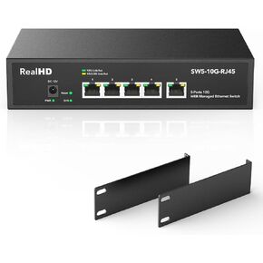 5 Port 10Gb RJ45 Web Managed Ethernet Network Switch, 5 x 10 Gigabit Base-T Port | 10Gbps Multi-Gig Swicth Support 5G-2.5G-1G-100M | 19 Inch Rack Mount | 100G Bandwidth | Metal Casing | Built-in Fan