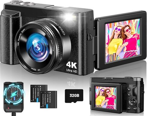 4K Digital Camera, Camkory AutoFocus Point and Shoot Digital Camera with 32GB Card, 16X Zoom, Flash Compact 48MP Cameras for Photogrpahy Small Travel Camera for Teens Adults Beginners, Black in Kuwait