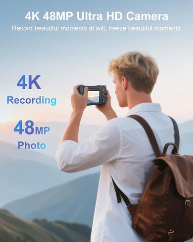 4K Digital Camera, Camkory AutoFocus Point and Shoot Digital Camera with 32GB Card, 16X Zoom, Flash Compact 48MP Cameras for Photogrpahy Small Travel Camera for Teens Adults Beginners, Black in Kuwait