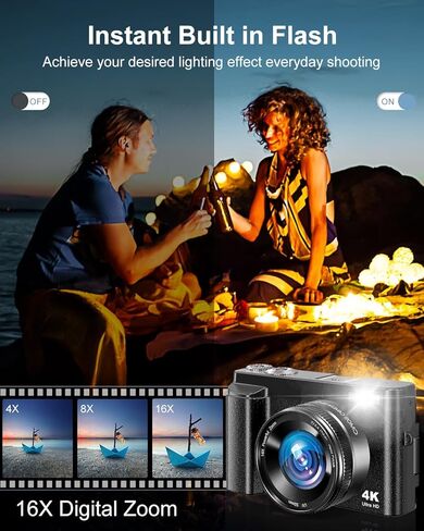 4K Digital Camera, Camkory AutoFocus Point and Shoot Digital Camera with 32GB Card, 16X Zoom, Flash Compact 48MP Cameras for Photogrpahy Small Travel Camera for Teens Adults Beginners, Black in Kuwait