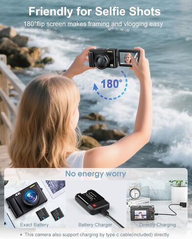 4K Digital Camera, Camkory AutoFocus Point and Shoot Digital Camera with 32GB Card, 16X Zoom, Flash Compact 48MP Cameras for Photogrpahy Small Travel Camera for Teens Adults Beginners, Black in Kuwait