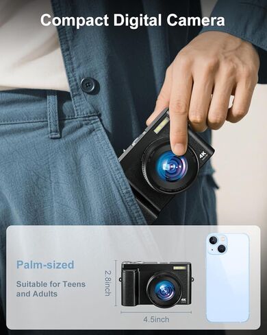 4K Digital Camera, Camkory AutoFocus Point and Shoot Digital Camera with 32GB Card, 16X Zoom, Flash Compact 48MP Cameras for Photogrpahy Small Travel Camera for Teens Adults Beginners, Black in Kuwait