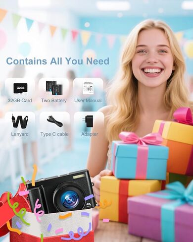 4K Digital Camera, Camkory AutoFocus Point and Shoot Digital Camera with 32GB Card, 16X Zoom, Flash Compact 48MP Cameras for Photogrpahy Small Travel Camera for Teens Adults Beginners, Black in Kuwait