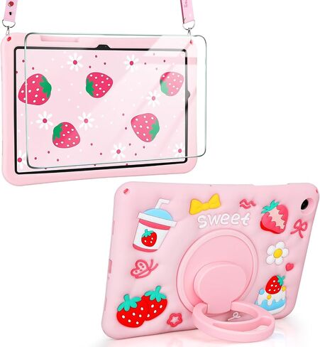 VOFUOE for Samsung Galaxy Tab A9 Plus Case for Kids Girls with Screen Protector Shoulder Straps Stand Sweet Strawberry Yogurt Cake Soft Silicone Protective Cover for Galaxy Tab A9+ 11 Inch 2023-Pink in Saudi Arabia
