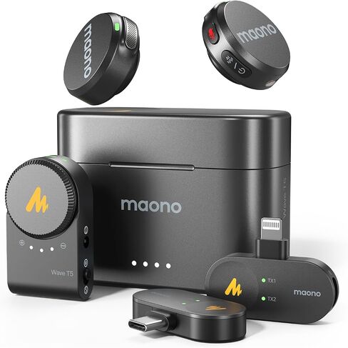 MAONO Wireless Lavalier Microphone for iPhone/Android/Camera/PC, Mini Lapel Mic with 48khz 24bit, Voice Filter, Noise Cancellation, 30h Battery, USB-C/Lightning Plug for Video Recording - Wave T5 in Kuwait