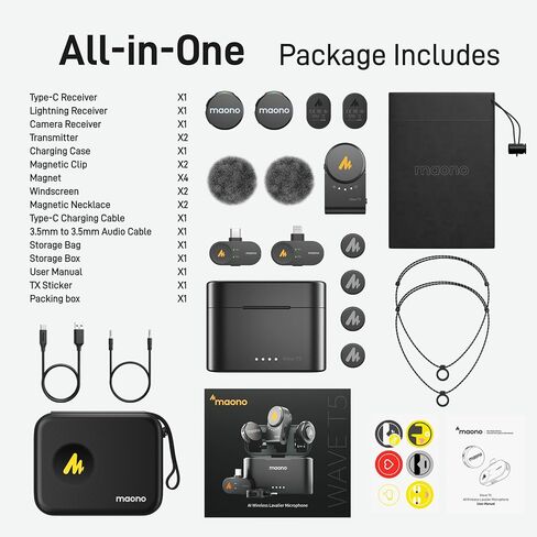 MAONO Wireless Lavalier Microphone for iPhone/Android/Camera/PC, Mini Lapel Mic with 48khz 24bit, Voice Filter, Noise Cancellation, 30h Battery, USB-C/Lightning Plug for Video Recording - Wave T5 in Kuwait