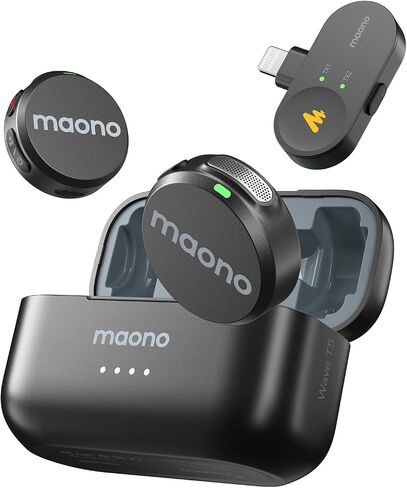 MAONO Wireless Lavalier Microphone for iPhone/Android/Camera/PC, Mini Lapel Mic with 48khz 24bit, Voice Filter, Noise Cancellation, 30h Battery, USB-C/Lightning Plug for Video Recording - Wave T5 in Kuwait