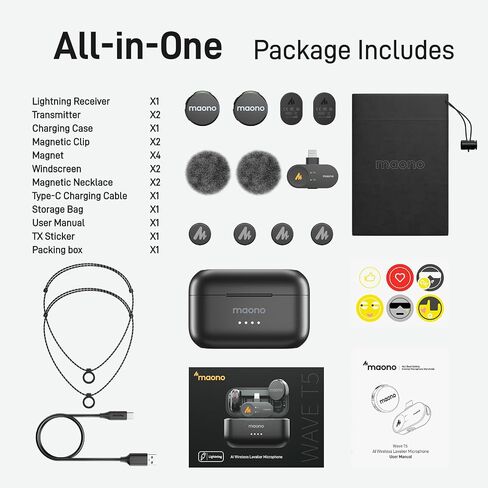 MAONO Wireless Lavalier Microphone for iPhone/Android/Camera/PC, Mini Lapel Mic with 48khz 24bit, Voice Filter, Noise Cancellation, 30h Battery, USB-C/Lightning Plug for Video Recording - Wave T5 in Kuwait