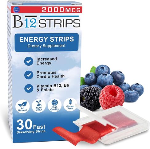 Essential Source Vitamin B12 Strips - Energy Supplement with 2000mcg of Methylcobalamin, B6, Folate & Biotin - Support Nerve & Brain Health, Stress Relief, Sleep - Winter Berry Flavor, 90 Day Supply in Saudi Arabia
