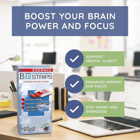 Essential Source Vitamin B12 Strips - Energy Supplement with 2000mcg of Methylcobalamin, B6, Folate & Biotin - Support Nerve & Brain Health, Stress Relief, Sleep - Winter Berry Flavor, 90 Day Supply in Saudi Arabia
