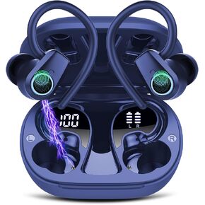 Wireless Earbuds Bluetooth 5.3 Headphones Sport, 50H Stereo Ear Buds Dual LED Display, 2025 Bluetooth Earbuds with 4 ENC Noise Canceling Mic, IP7 Waterproof Earphones with Earhooks for Running, Navy