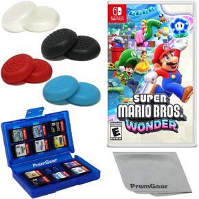 Super Mario Bros. Wonder for Nintendo Switch (US Version), with PremGear Thumb Grips (8 pack - Black, Blue, Red & Clear), 24 Slot Game Card Holder & Cleaning Cloth