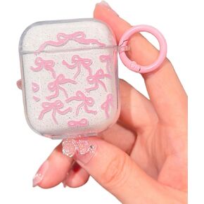 متوافق مع AirPods 4 CASE اللطيف اللمعان الواضحة ، غطاء الحماية الناعمة TPU ناعمة للبنات مع سلسلة مفاتيح مصممة للجيل الرابع من Airpod ، Pink Bow