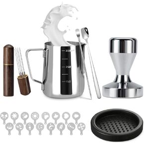 Espresso Accessories Kit 51mm Tamper: 51mm Espresso Tamper Set Barista Tools Including Coffee Tamper, Milk Frother Cup, WDT Tool Espresso Tools, Tamper Mat, Latte Pen, Coffee Spoon, Coffee Stencils