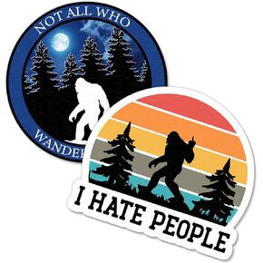 Funny Bigfoot Stickers – 3 Inch Vinyl Sasquatch Decals for Water Bottles, Laptops, Coolers – Wilderness, Introvert, and Camping Humor Gifts for Men and Women, 2 Pack