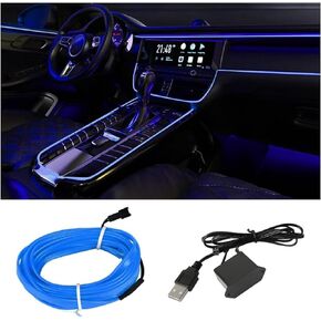 EL Wire Interior Car LED Strip Lights, USB Car Neon Light Strip with Sewing Edge, 16FT Neon Light 5V with Fuse Protection, Electroluminescent Car Indoor Decorations (Blue)