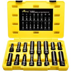 Topec 16 SAE Metric Piece Locking Lug Master Key Set, Wheel Lock Removal Kit for the Purpose of Easily Removing Locking Lug Nuts on Aftermarket Wheels