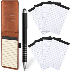Small Notepads Holder Set, 10 Pieces Mini Pocket Notebook PU Leather with 1pcs Metal Pen and 8pcs Lined Memo Book Refills for Meeting, Daily Records, Notes (Brown)