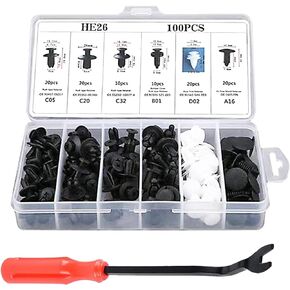 100 PCS Car Bumper Bolt Fastener Set, 6 Types of Door Panel Push Retainer Replacement HE26 with 6" Removal Tool, Bumper Push Retainer Clip Rivet Kit, Universal for Most Cars (White & Black)