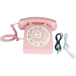 Pink Retro Landline Telephone Classic Rotary Design Old Fashioned Corded Desk Phone with Ringer for Home and Office, Basic 80s Phones for Senior People