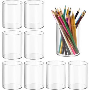 8 Pieces Clear Acrylic Pen Holder Acrylic Pencil Cup Clear Makeup Bush Holder Acrylic Desktop Stationery Organizer for Office School Home Desk Accessories (8 Pack, Square)