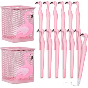 Henoyso 14 Pcs Metal Flamingo Pen Pencil Holder Cute Pink Pen Holder Flamingo Pens Pink Ink Pens Square Pencil Cup for Desk Office Home Girls Kids Caddy Box Makeup Brush Holders Women Gift
