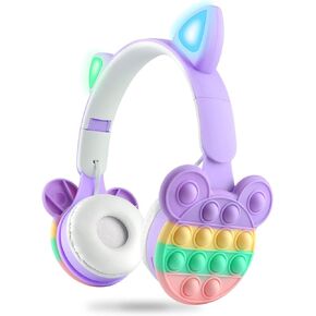 WESADN Bluetooth Headphones Wireless with Microphone Fidget Bubbles Cute Cat Ear with LED Light Up Over Ear Headphones for Girls Boys Women Pop Gaming Headset On Ear for Smartphone Tablet PC, Purple