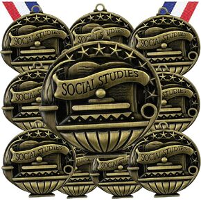 10 Pack Social Studies Gold Medals Trophy Award with Neck Ribbons APMG-778