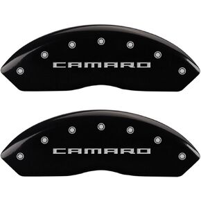 MGP Caliper Covers 14240SCA5BK Black Powder Coat Finish Front and Rear Caliper Cover, Set of 4 (Gen 5/Camaro Silver Characters, Engraved)