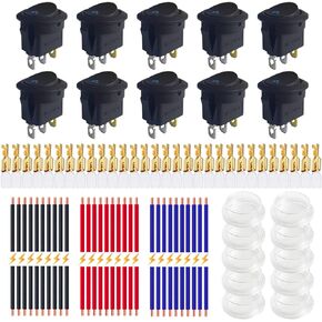 DC 12V 20A Illuminated Round Rocker Switches, Ampper 3 Pin 20MM On/Off Round SPST Toggle Switch with Wires, Terminals and Cover (Blue, Pack of 10)