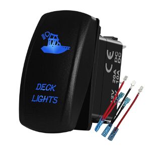 Blue Backlit Deck Lights Rocker Switch with Jumper Wires 5P ON-Off SPST Toggle Switch for Marine Boat Pontoon Fishing Boat Yacht Sailboat Ship 12V/20A 24V/10A