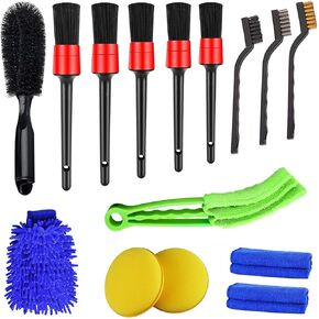 Auto Detailing Brush Set,Car Cleaning Brush Kit for Cleaning Wheels, Interior, Exterior, Leather,Includes 5 Boar Hair Detail Brush,3 Wire Brushes,1 Vent Cleaning Brush,15Pcs