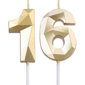 2 inch Gold 16 & 61 Birthday Candles, 3D Diamond Number 16th & 61st Cake Topper for Boys Girls Birthday Party Decorations Theme Party